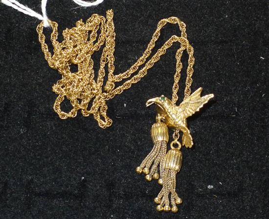 14ct gold tassel necklace with emerald-set humming bird fastening